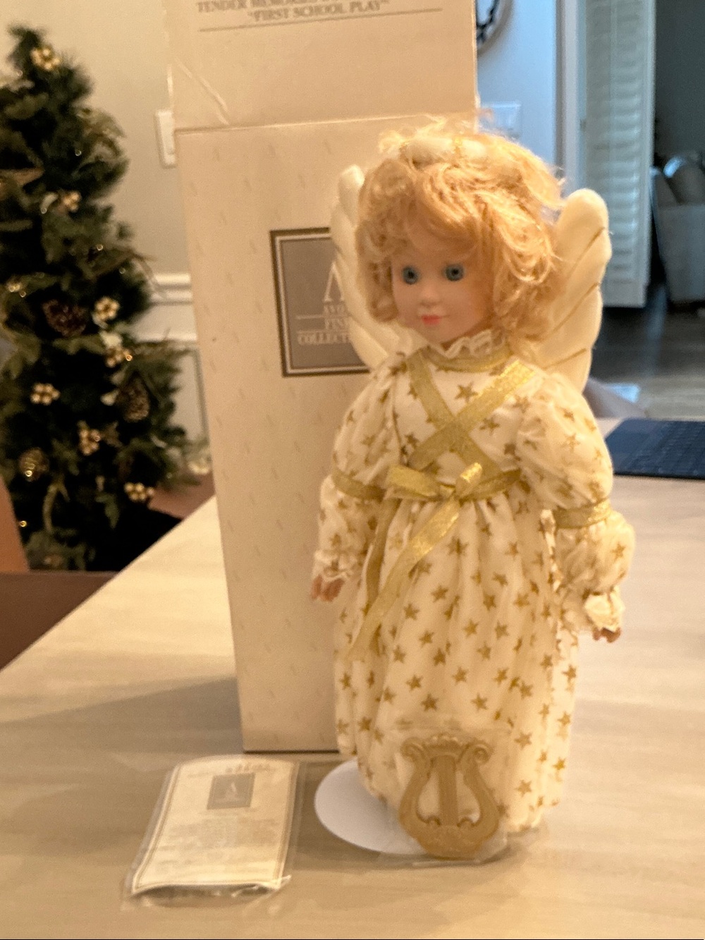 Porcelain Angel Doll in White and Gold Star Gown